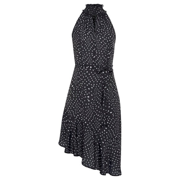 Lascana Dress Sz 14 Asymmetrical Dot Print Halter Neckline Black Sleeveless NWT - Picture 3 of 5